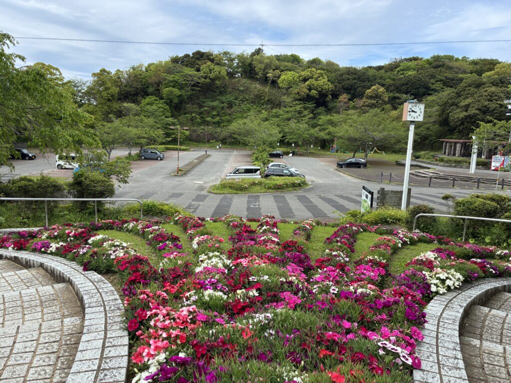 花のカスケードと駐車場